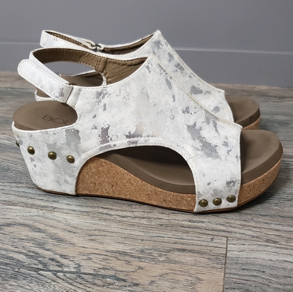 Corkys Shoes - Boutique of Corkys Carley marbled white metallic platform wedge comfort sandals